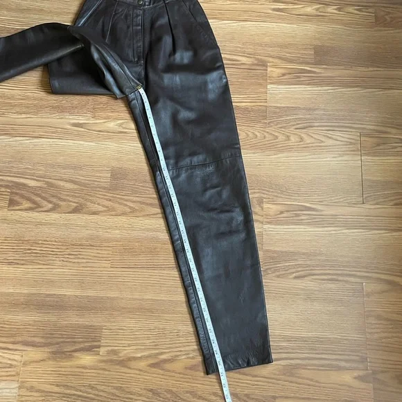 Melanzona High-Waisted Pleated Genuine Leather Trousers in Dark Brown Sz 4